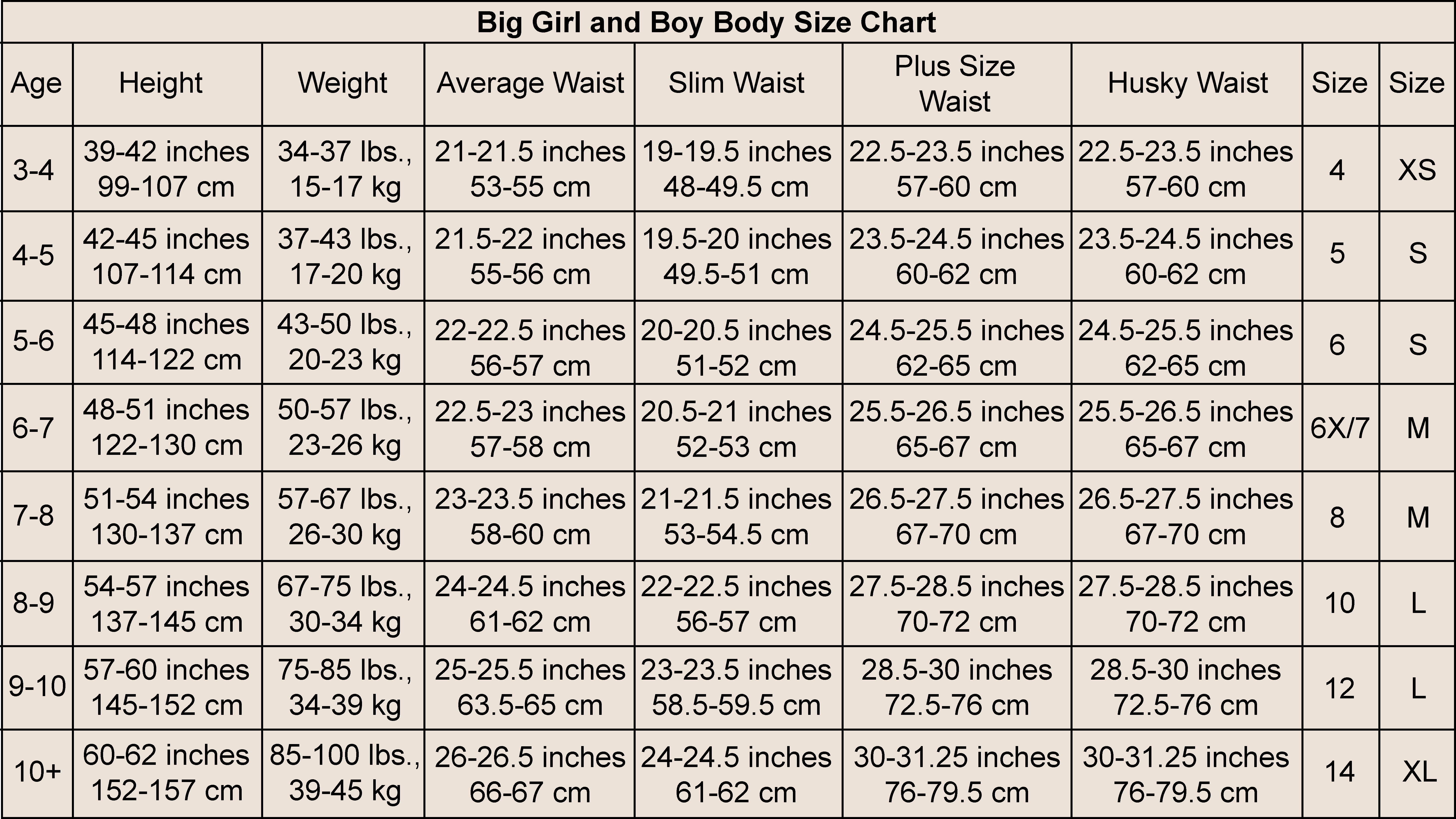 Size chart for big girls and boys