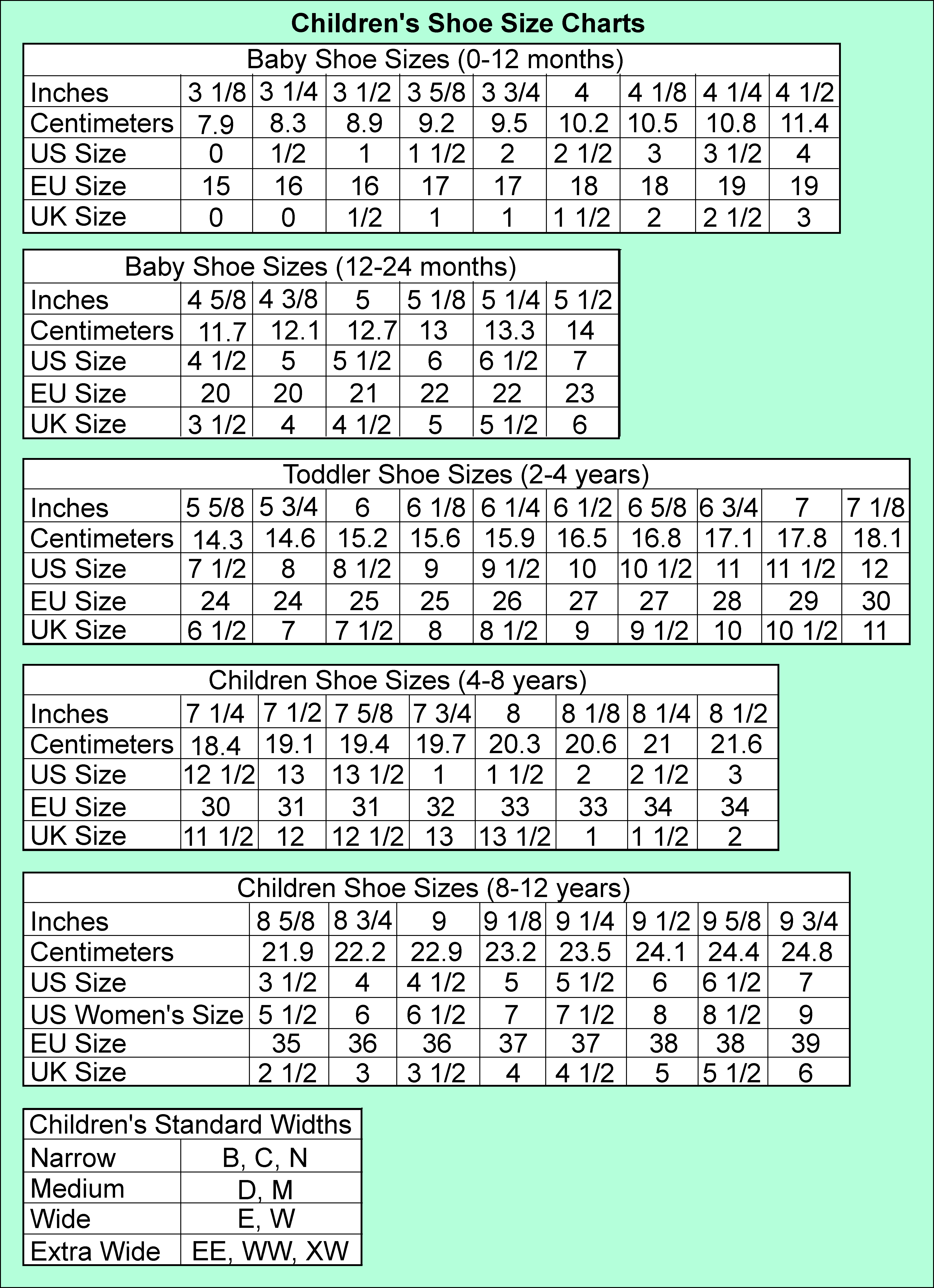 Shoe size charts for children