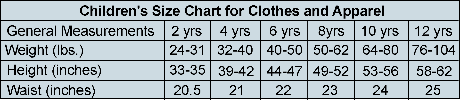 Children's size chart for clothes